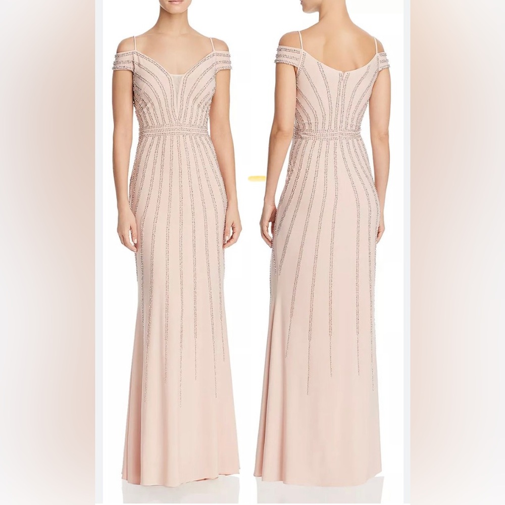Bloomingdale’s Aqua Exclusive Blush Beaded Art Deco Formal Dress